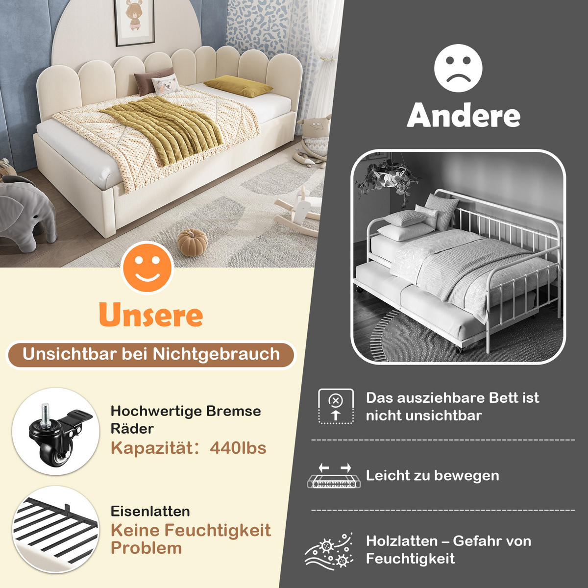 POLSTERBETT aus Samt 90x200 cm in Beige mit Ausziehbett - Beige, Textil (90/200cm) - Modfu