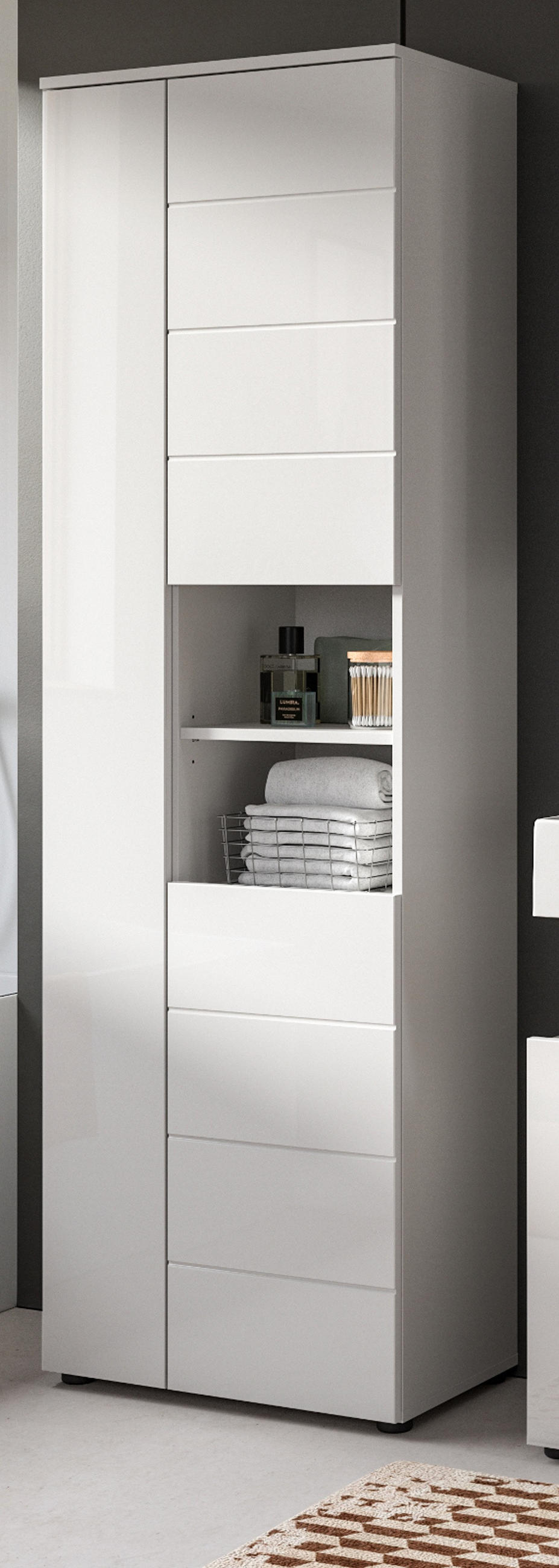 BADSCHRANK weiß Hochglanz 60 x 190 cm, Hochschrank mit 11 Fächern - Weiß Hochglanz/Schwarz, Holzwerkstoff/Kunststoff (60/190/34cm) - Inn.Furn