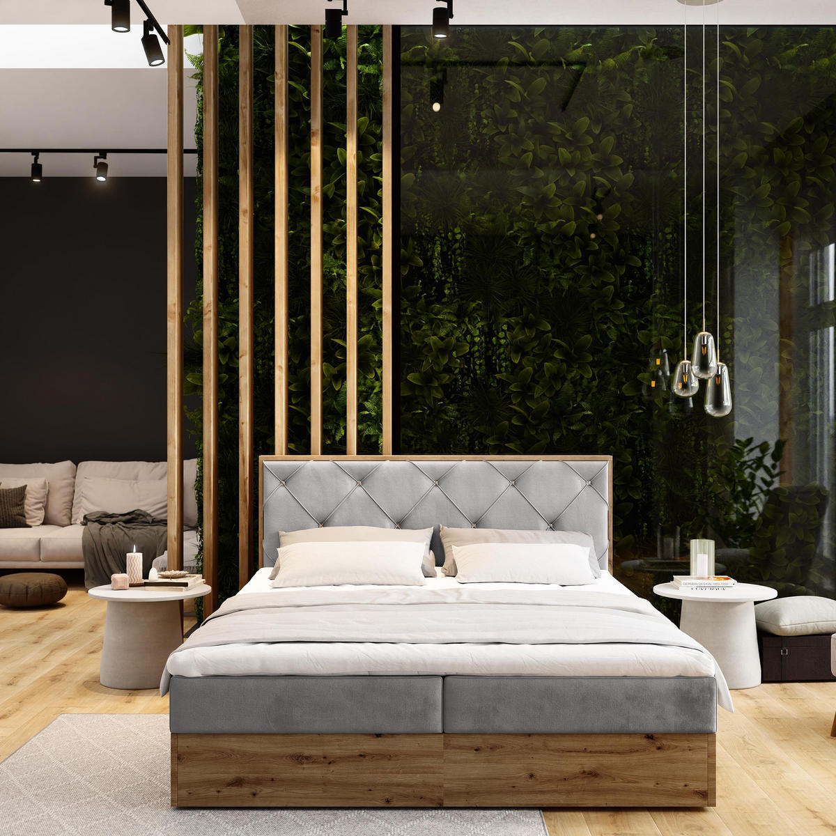 BOXBETT FOSCO 160x200 cm mit Matratze und Topper - Hellgrau - Hellgrau, Holz (160/200cm) - MASSENO