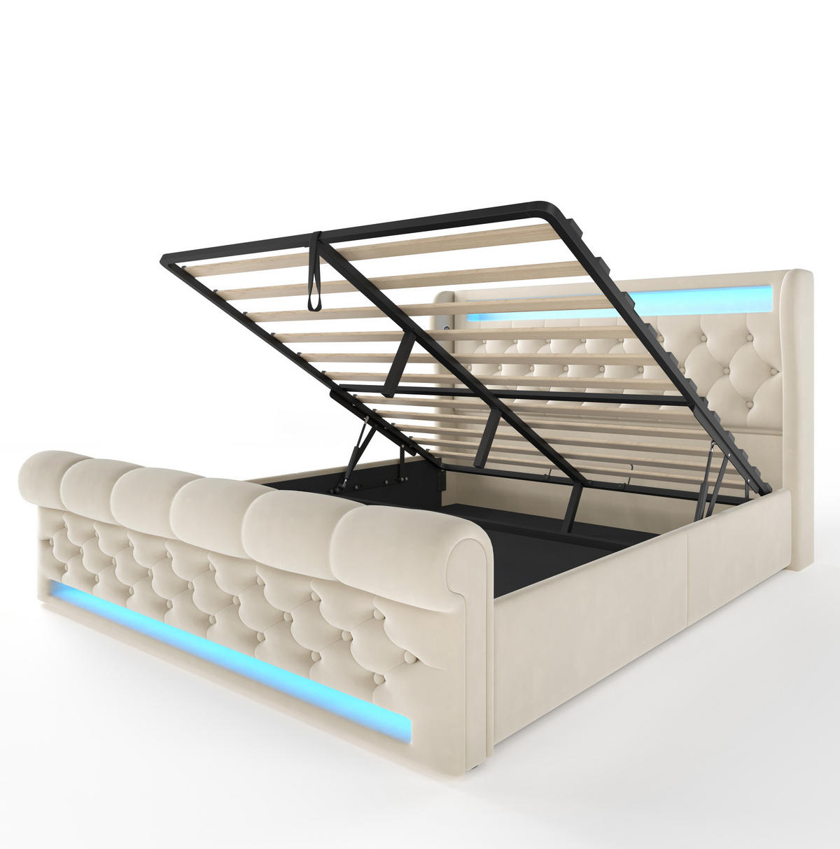 OBLAZINJENA postelja 160/200 cm z LED osvetlitvijo, USB in Type-C polnilom ter hidravličnim prostorom za shranjevanje, Bež - bež, tekstil (160/200cm) - Redom