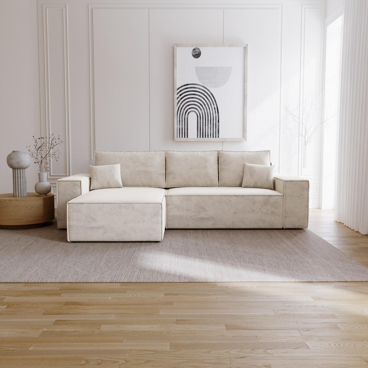 ECKSOFA mit Schlaffunktion Bergamo L 280 cm, Samt, Links - Vanille - Ecru, Holz (277/189cm) - Emporius
