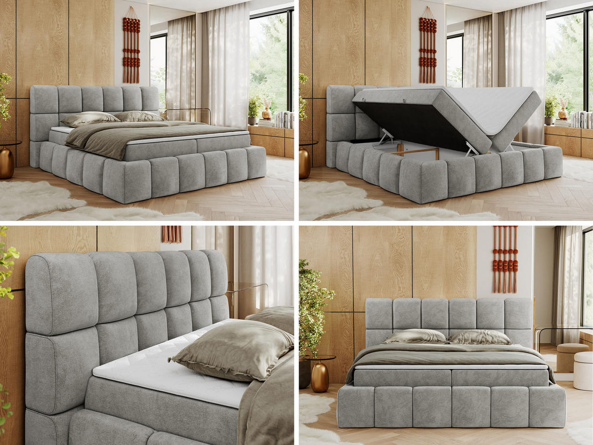 BOXBETT NIRA 140/200 - Hellgrau Strukture - H4 - Hellgrau, Holz/Textil (140/200cm) - MKS