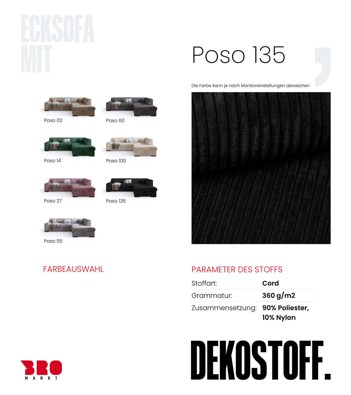 ECKSOFA mit Schlaffunktion Cordstoff MILENZO Schwarz Links - Schwarz, Holz (260/175cm) - Bromarkt