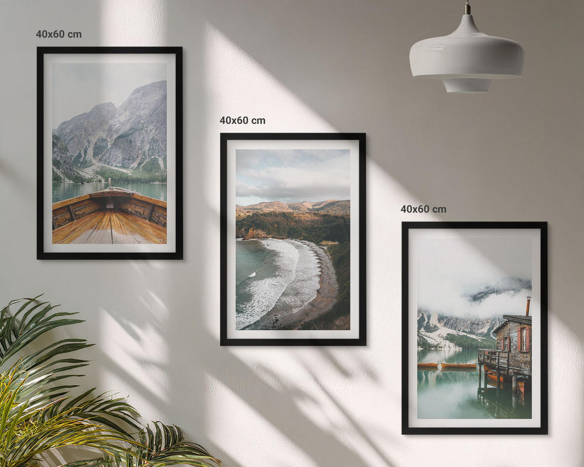BILDER SET 3er Set - 40x60 cm Schwarzer Rahmen - Berge, See, Boot, Strand, Landschaft - Schwarz, Kunststoff (40/60cm) - TULUP