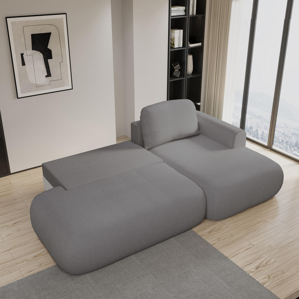 ECKSOFA NUVIRA R-S Grau Geflochtener Stoff mit Schlaffunktion - Grau, Holz (274/165cm) - MASSENO