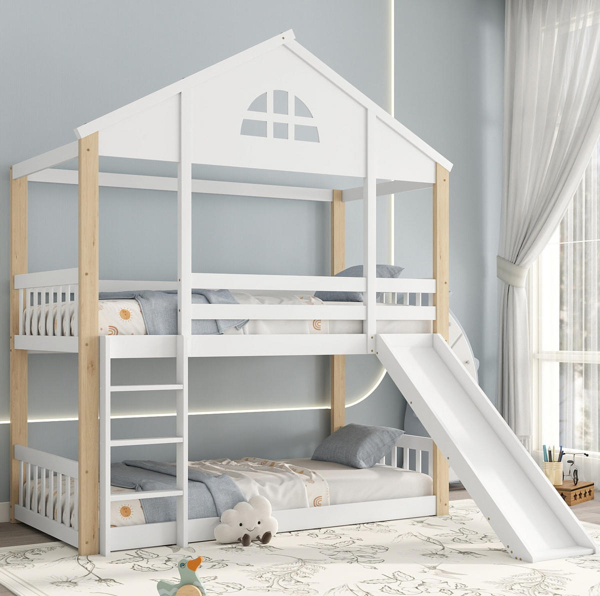 ETAGENBETT aus MDF 90x200 cm Weiß/Natur mit Rutsche, Winkeltreppe und Haus-Design - Weiß, Holzwerkstoff (90/200cm) - Modfu