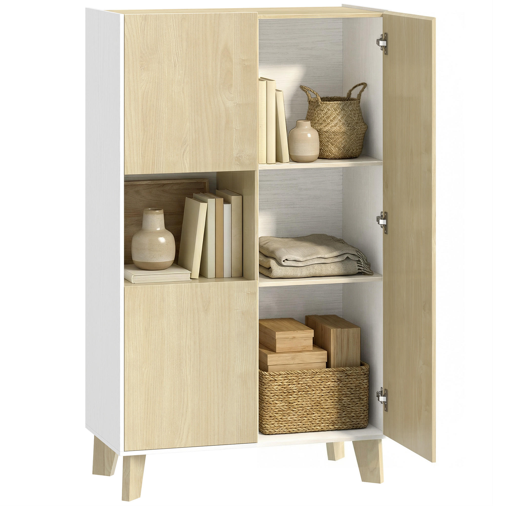 SIDEBOARD Weiß und Naturholz, 6 Fächer, Soft-Close, 80/40/135 cm - Weiß, Holz (80/135/40cm) - PANGIVO