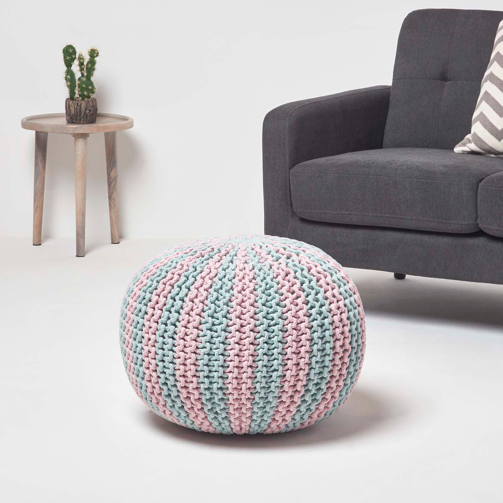 Thumbnail - Homescapes Strickpouf, Hellblau, Textil, Gestreift, Rund, 40x35x40 cm, Wohnzimmer, Hocker, Poufs