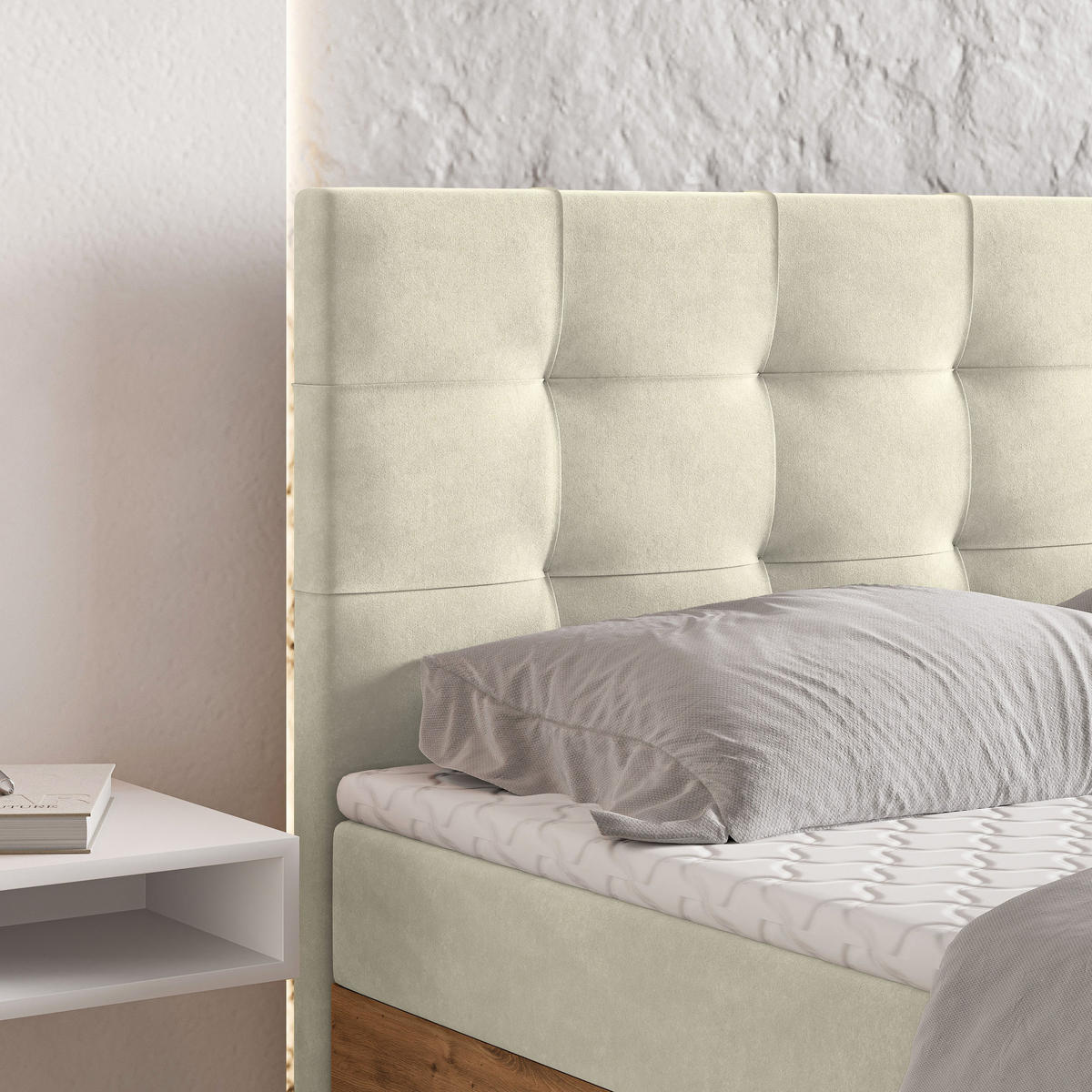 BOXBETT MOLVEN 180x200 cm mit Matratze und Topper - Creme - Creme, Holz (180/200cm) - MASSENO