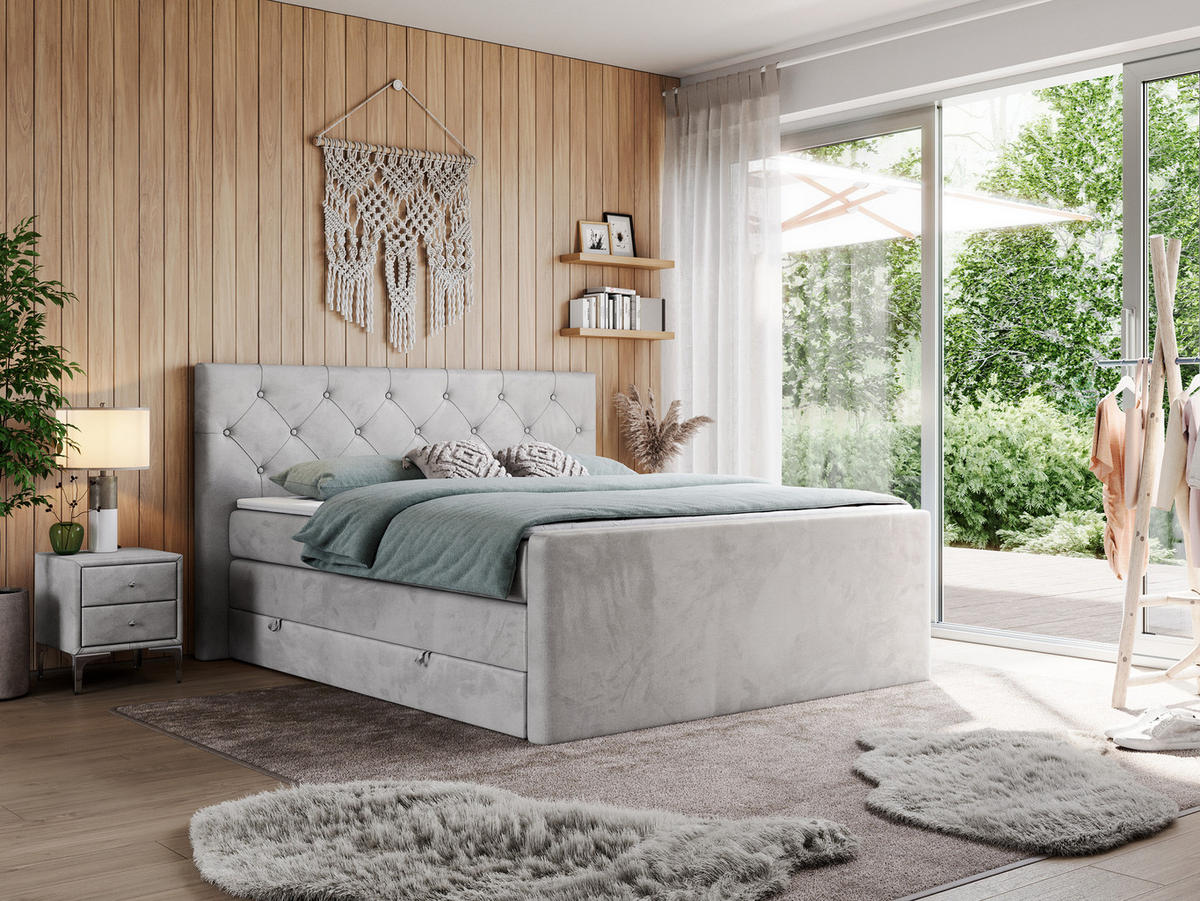 BOXSPRINGBETT KING VELEN 160/200 Hellgrau Velvet - H4 - Hellgrau, Holz/Textil (160/200cm) - MKS