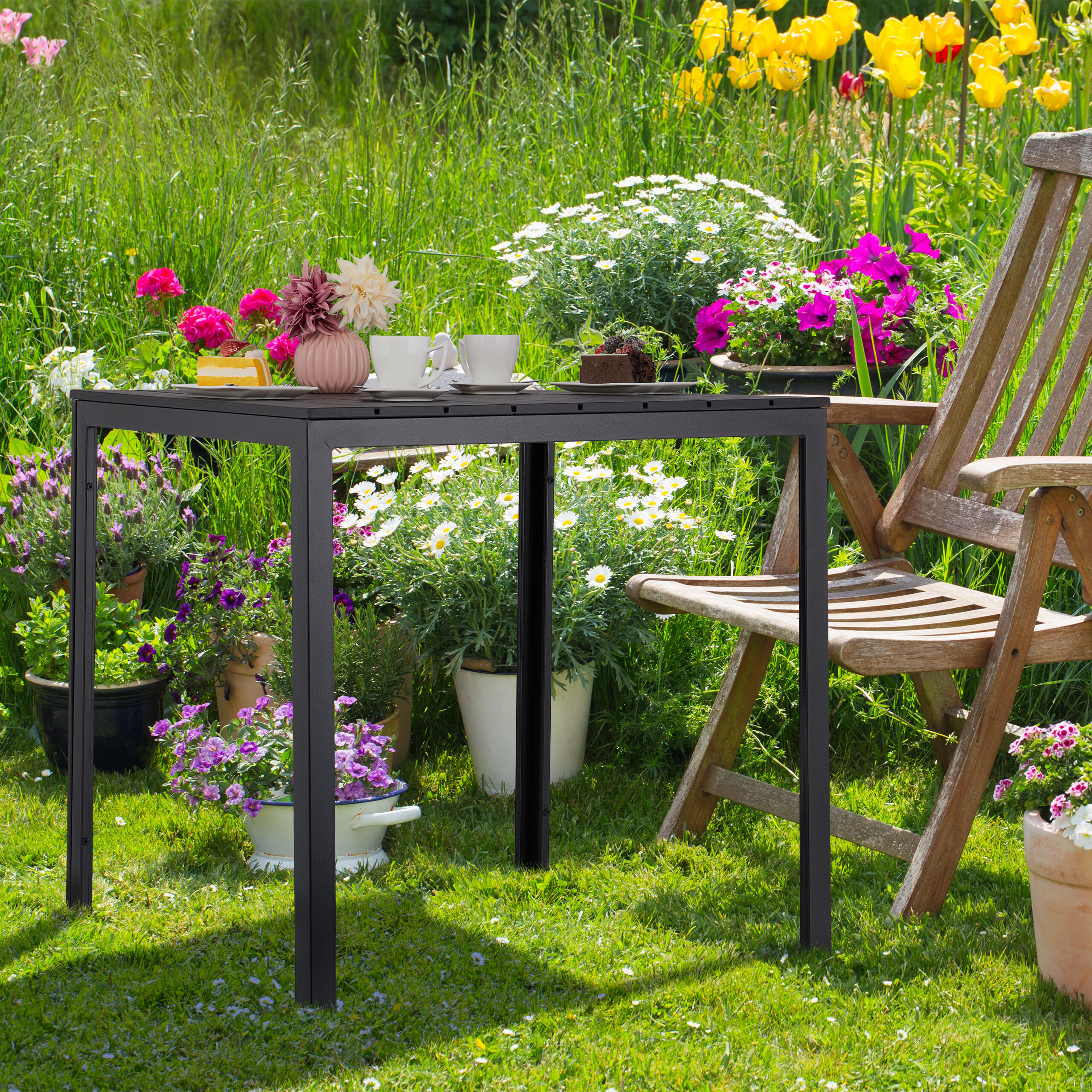 GARTENTISCH - Schwarz, Kunststoff/Metall (78/78/74cm) - Relaxdays