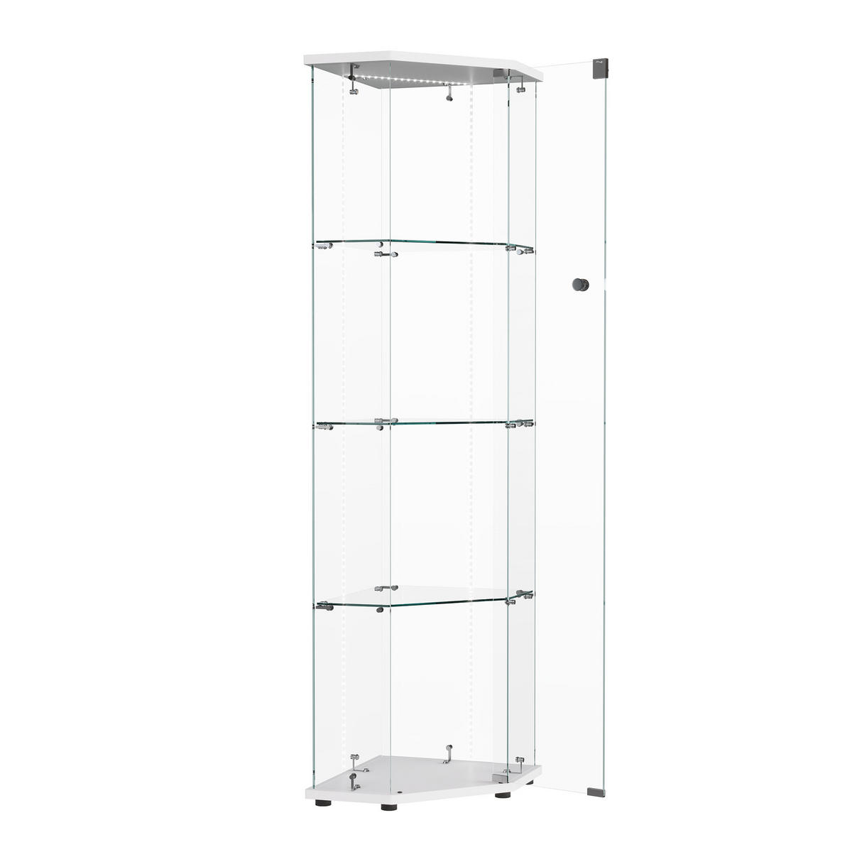 VITRINE Glas, 4 Ebenen, LED Band, 1 Tür, Eckvitrine, freistehend, weiß - Weiß, Glas (60/160/40cm) - EuroLiving