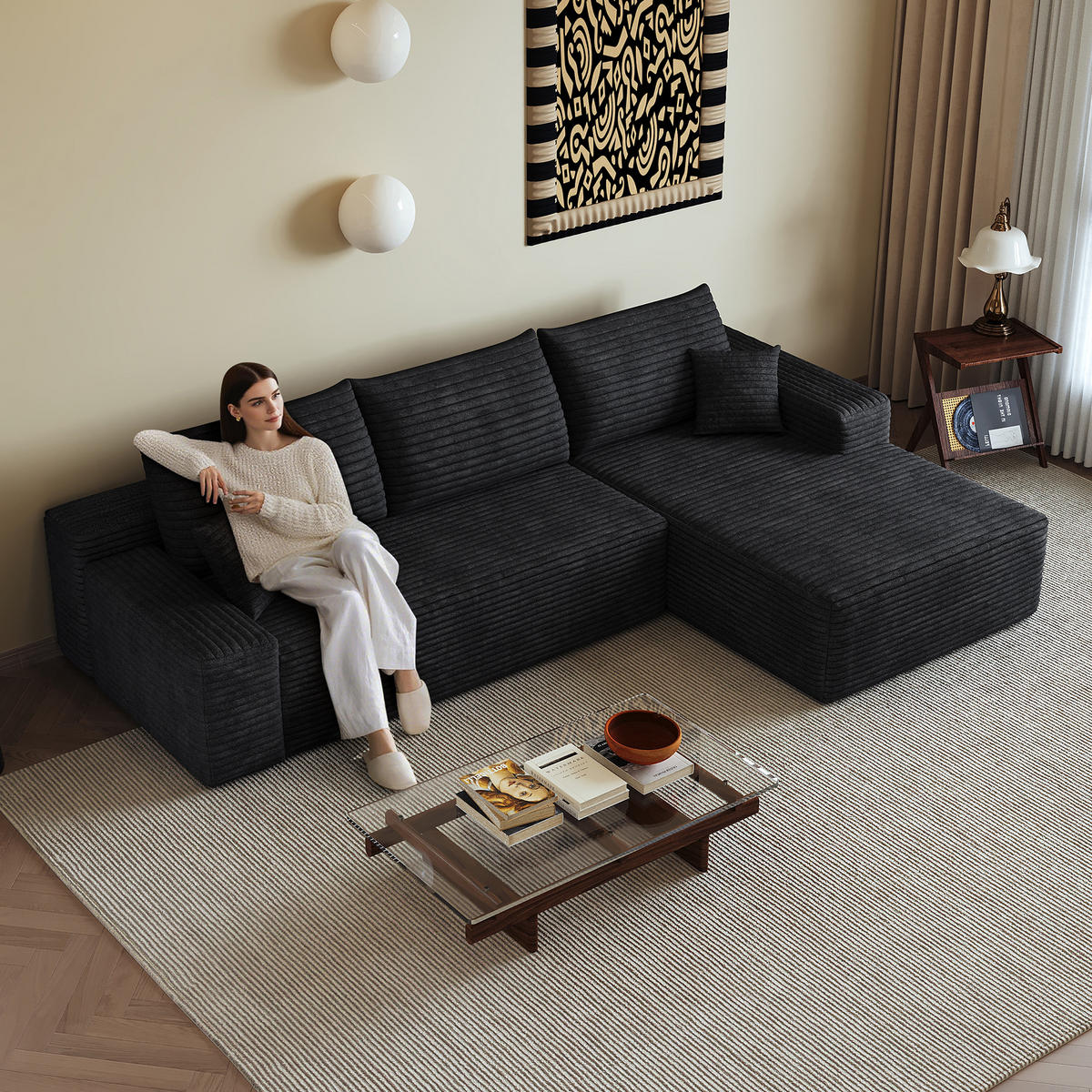 ECKSOFA 270/175/83 cm Schwarz Cord mit Chaiselongue, Rechte Seite - Schwarz, Textil (270/175cm) - Oxeza