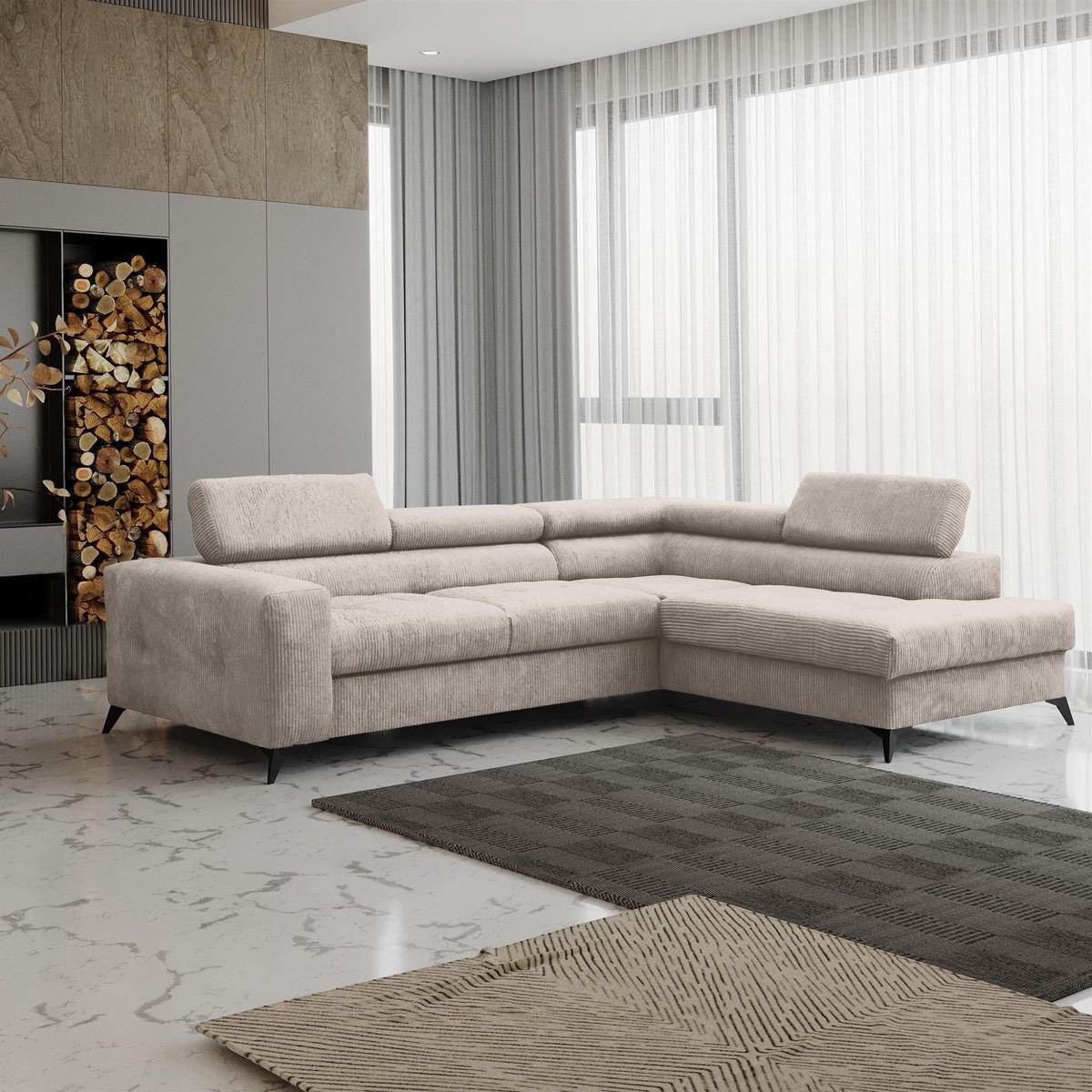 ECKSOFA Schlafsofa Amadeo In Anafi - Creme, Holzwerkstoff/Textil (271/202cm) - Fun Möbel