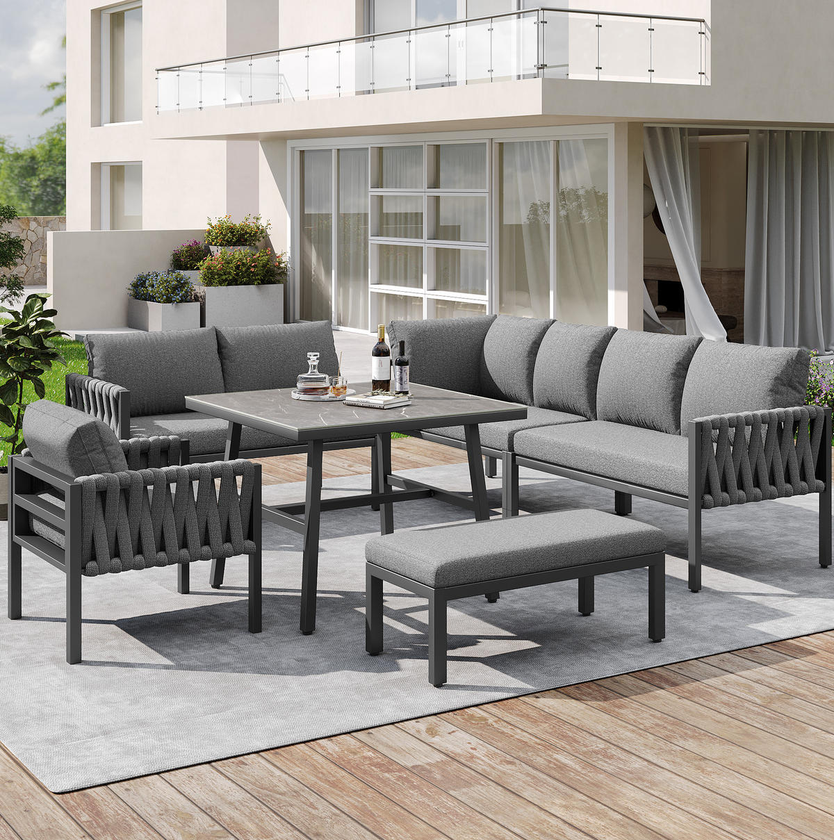 GARTENMÖBELSET 238/61/78 cm grau aus Metall und Polyester mit Kissen und Glastisch - Grau, Metall - OKWISH