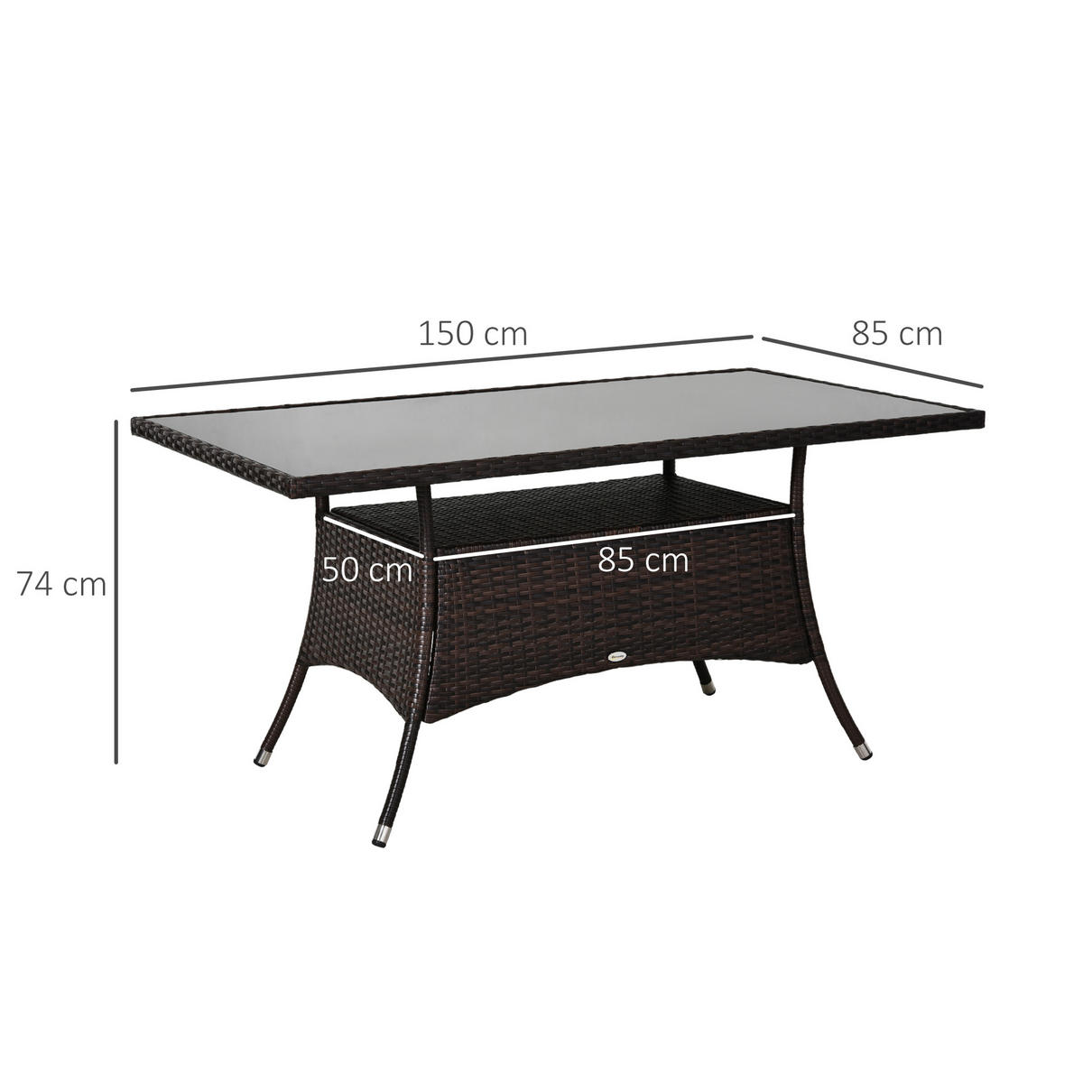 GARTENTISCH aus Polyrattan 150x85x74 cm Braun mit Sicherheitsglas - Braun, Metall (150/85/74cm) - Modfu