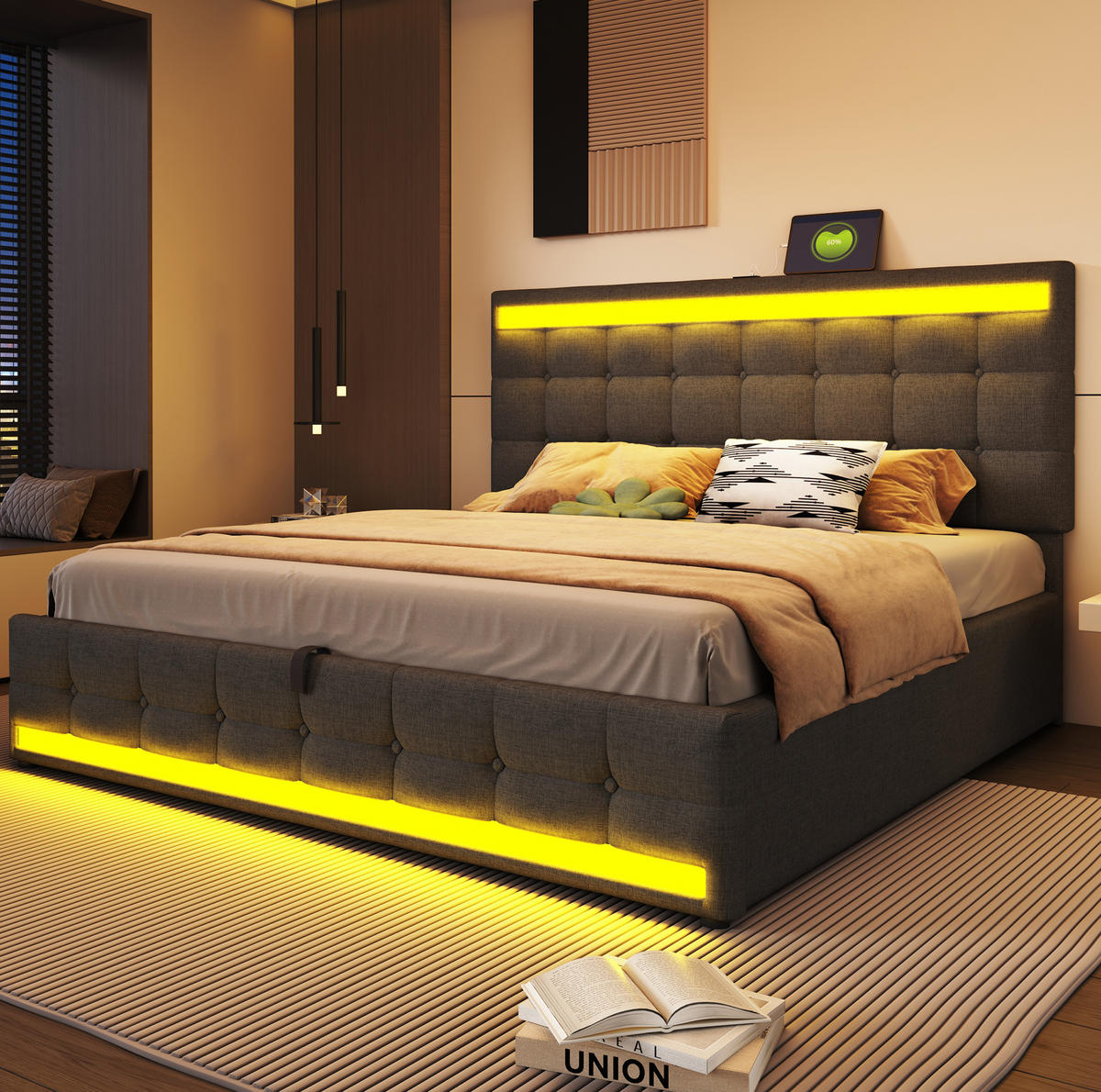 ČALOUNĚNÁ postel 180/200 cm, šedá, s LED osvětlením a USB - šedá, textil (180/200cm) - BEAOK