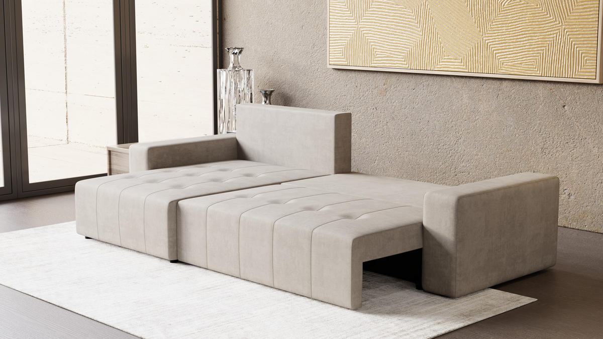 ECKSOFA Tico mit Bettkasten und Schlaffunktion, L-Form/XL-Form, Velourstoff, Universal - Weiß, Holzwerkstoff (276/145cm) - 4ALL HOME