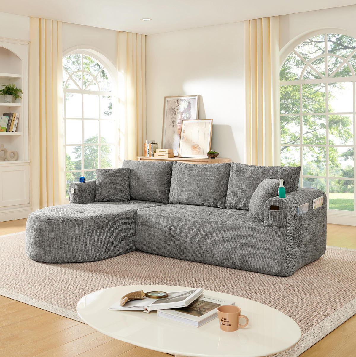 ECKSOFA L-Form montagefrei mit Edelstahl-Becherhalter, Seitentaschen und Leinenoptik, Grau - Grau, Textil (255/170cm) - Redom