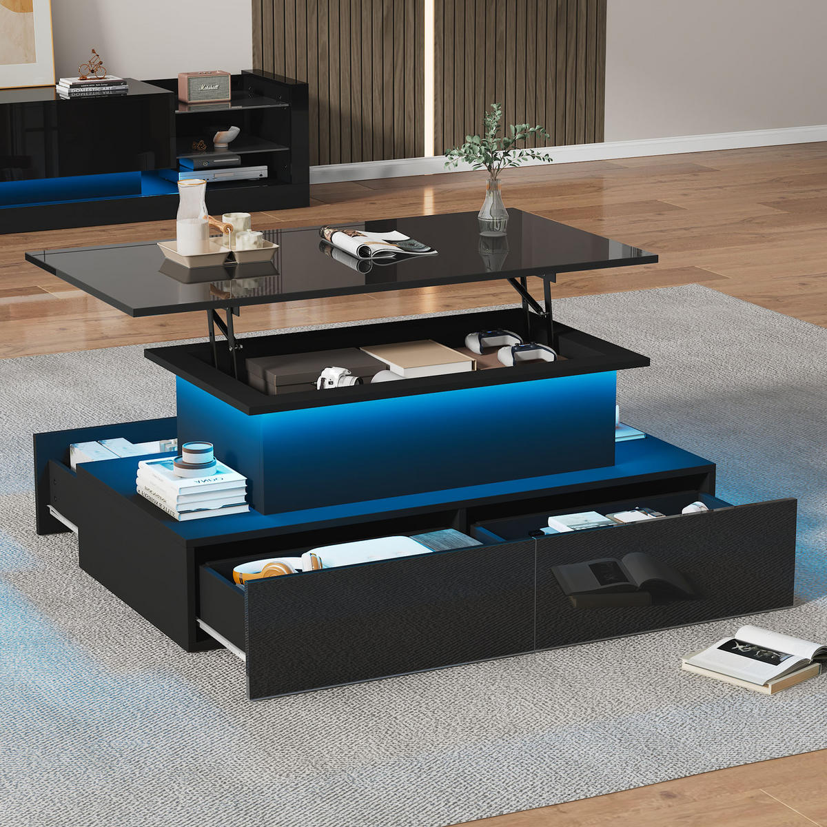 COUCHTISCH in Schwarz mit LED-Beleuchtung und Schubladen für Wohnzimmer, B90/T55/H41 cm - Schwarz, Holzwerkstoff (55/90/41cm) - STILVORA