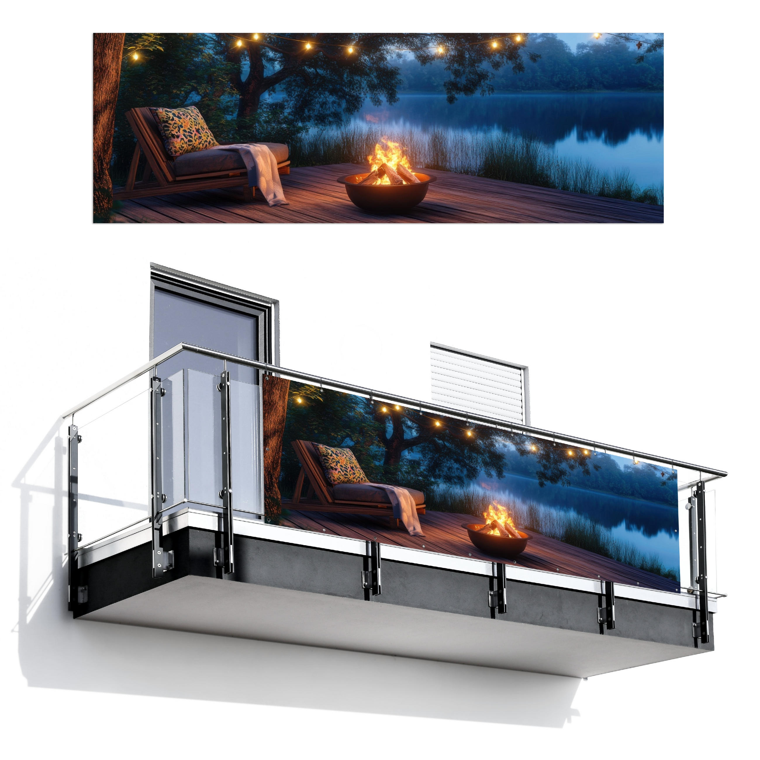 BALKON-SICHTSCHUTZ Lagerfeuer - See - Abendlicht - Dunkelblau, Kunststoff (300/100cm) - MuchoWow