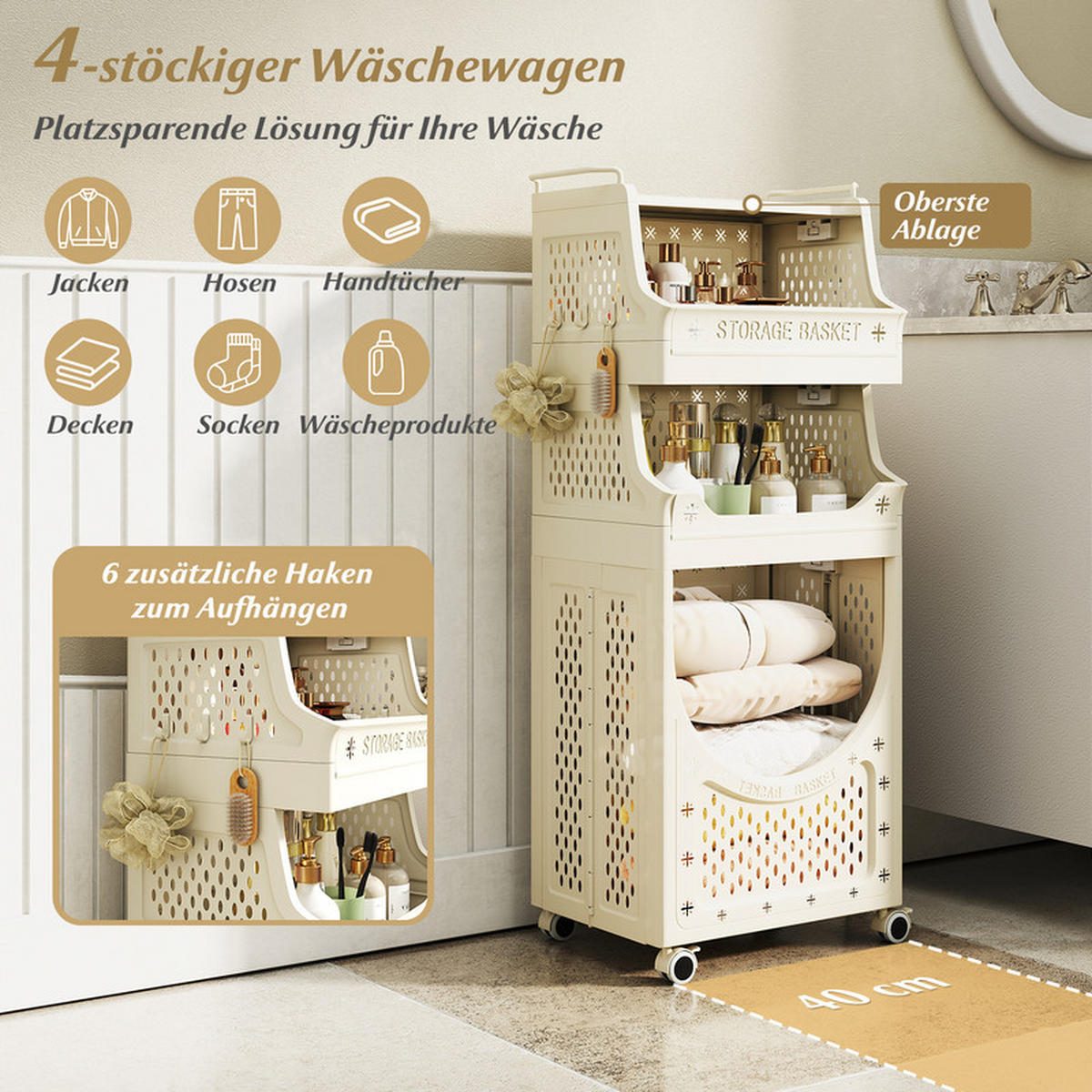 WÄSCHEKORBWAGEN Faltbarer beige - Beige, Kunststoff (40/100/30cm) - COSTWAY