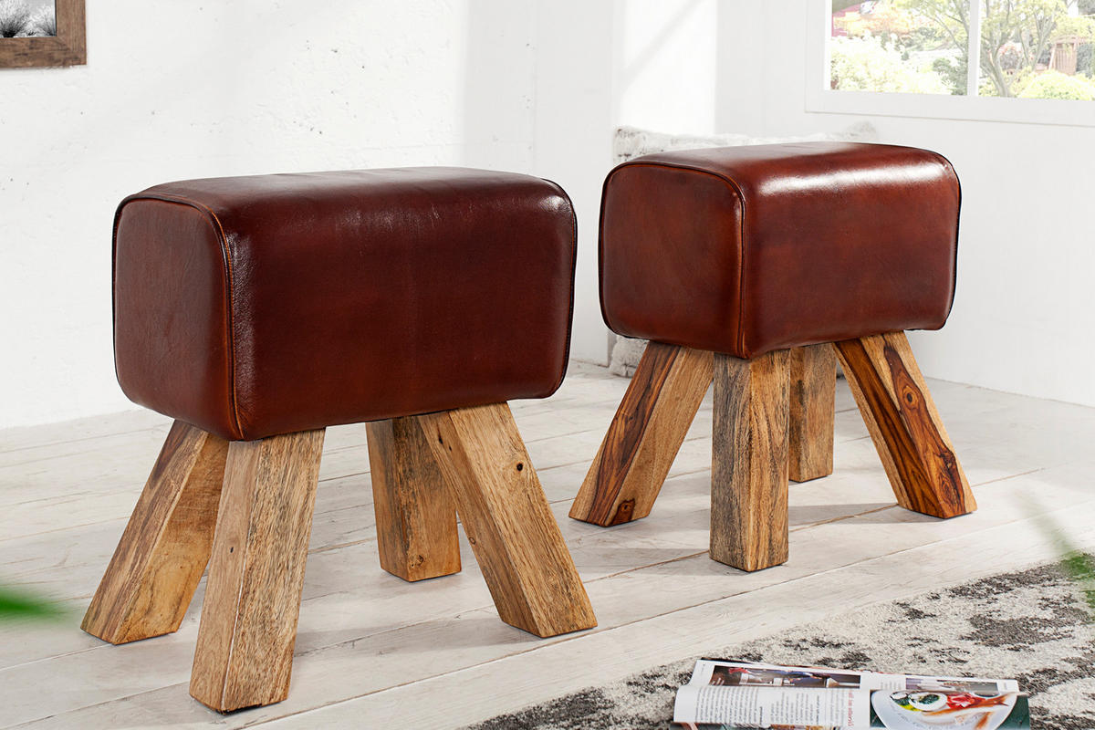 HOCKER TURNBOCK Mango Echtleder Coffee 45 cm - Braun, Mangoholz/Leder (40/45/30cm) - riess-ambiente