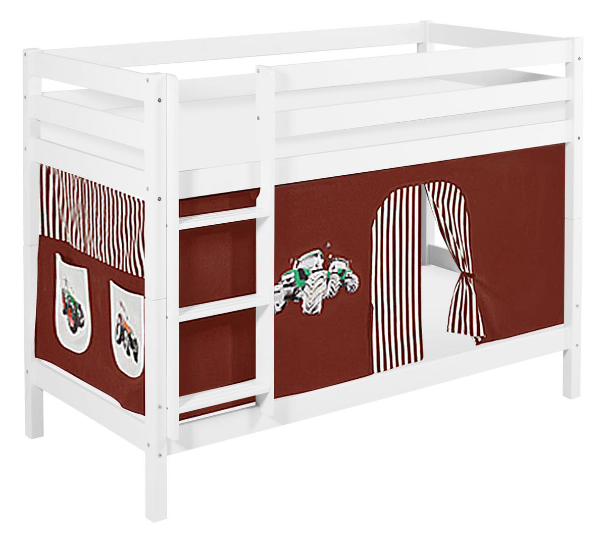ETAGENBETT JELLE 90x190 cm Trecker braun - Hochbett - inkl. Vorhang und 2 Lattenrosten - Weiß, Holz - Lilokids