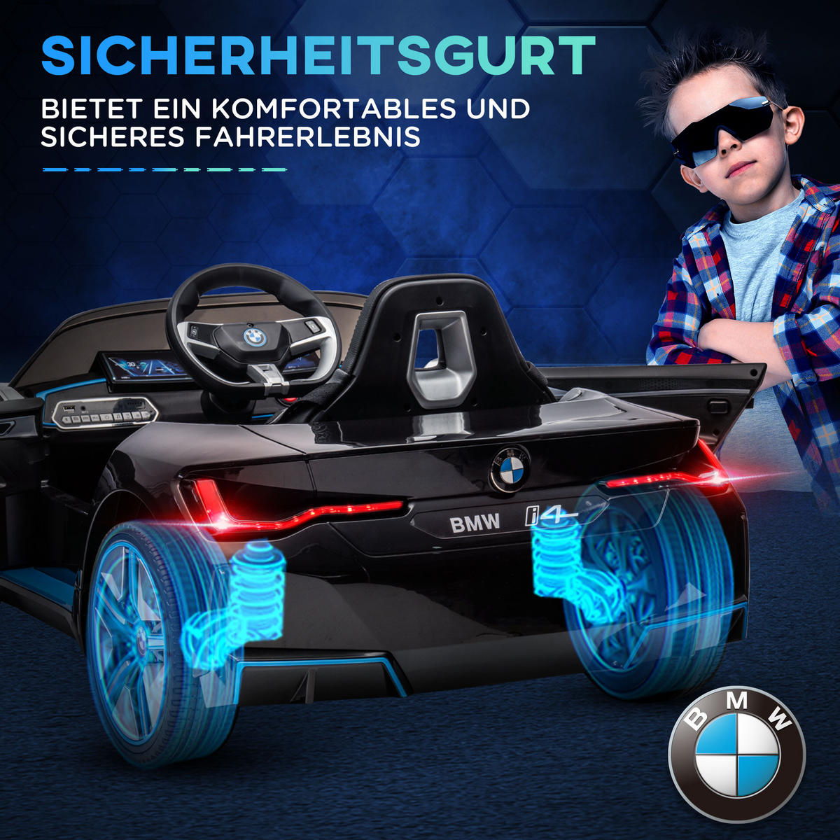 KINDER ELEKTROAUTO, Schwarz/Weiß, Kunststoff+ Eisen - Schwarz, Metall (115/67/45cm) - HOMCOM