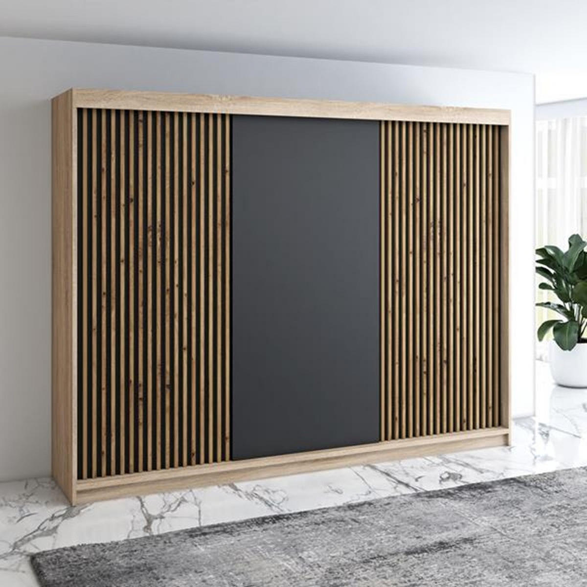 SCHWEBETÜRENSCHRANK 200 CM IOSA Farbe: Sonoma, schwarz - Schwarz/Braun, Holzwerkstoff (200/215/59.5cm) - A&J MöbelLand