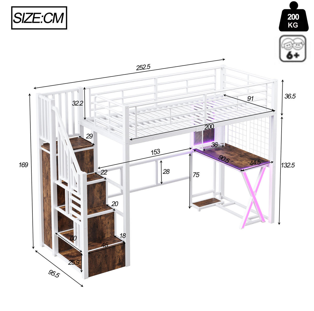 HOCHBETT 90/200 cm mit LED-Beleuchtung, Schreibtisch und Kleiderschrank - Weiß, Metall (90/200cm) - Flora Grace