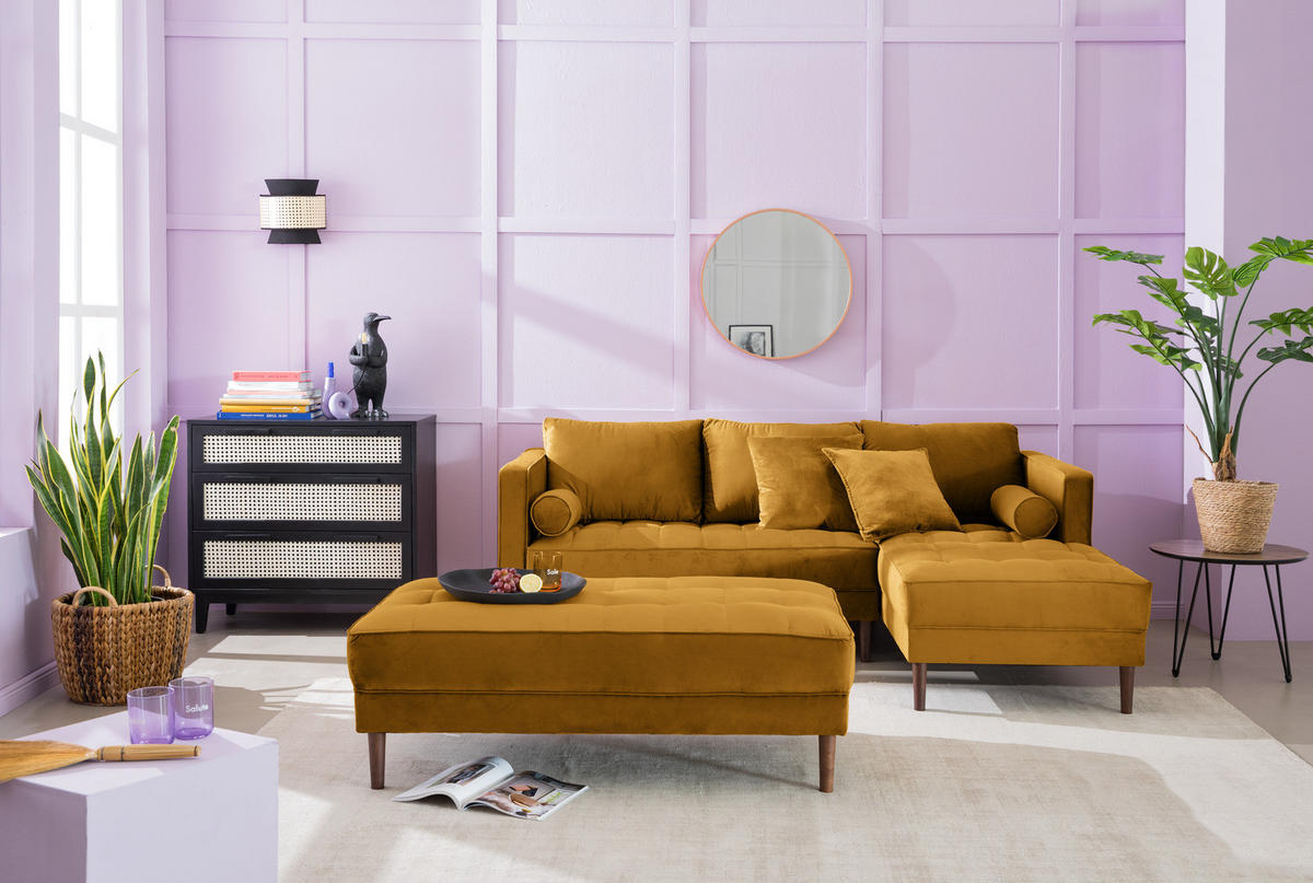 ECKSOFA - Samt - Dunkelbraun/Honig, Birkenholz/Textil (201/155cm) - home24