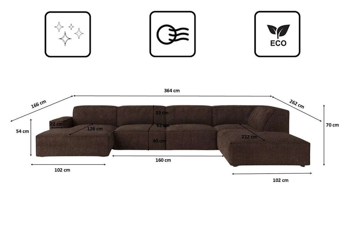 ECKSOFA Cursal V, Stoff Poso, Braun, Rechts - Braun, Holz (364/262cm) - Kaiser Möbel