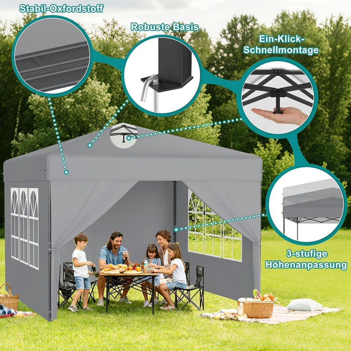 FALTPAVILLON 3x3 m mit Seitenwänden Silbergrau - Grau, Textil (300/260/300cm)
