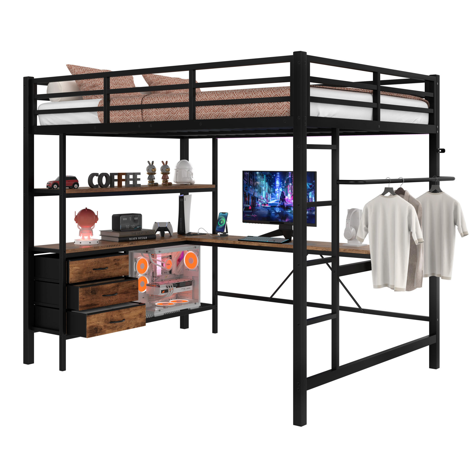 Modfu PATROVÁ postel z kovu a MDF 140x200 cm černá s LED osvětlením, psacím stolem, USB a 3 zásuvkami