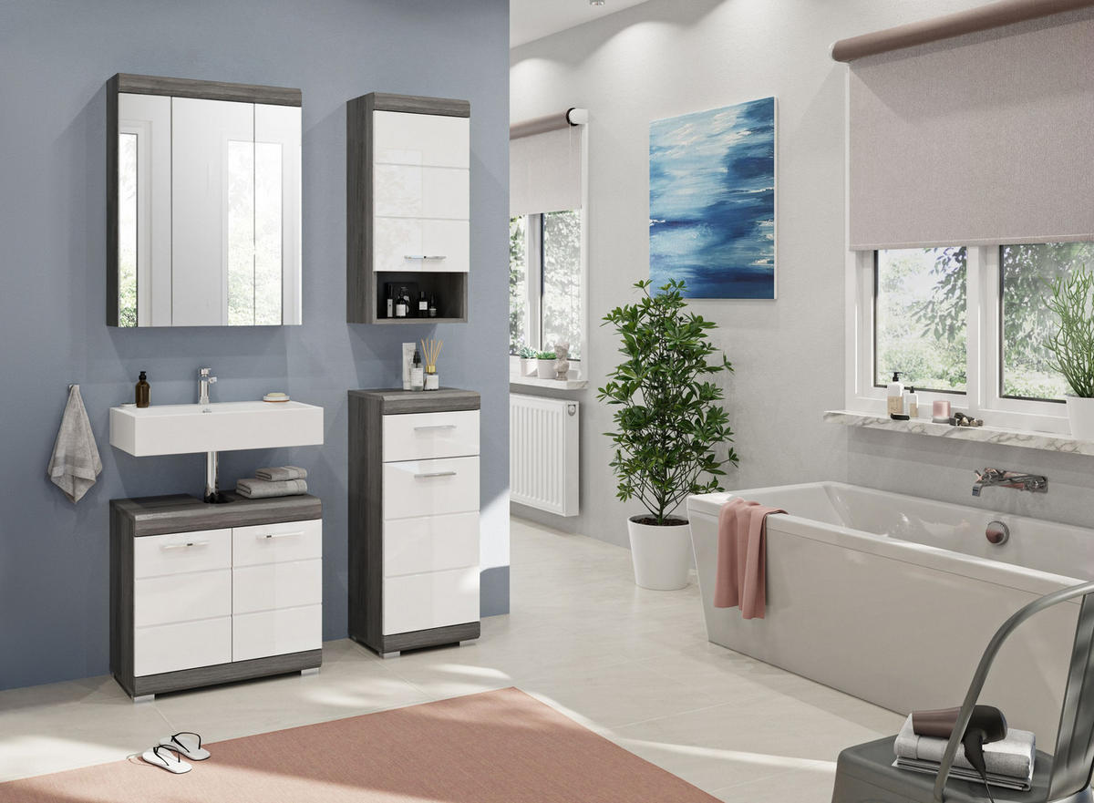 BADKOMBINATION 4tlg. Scout Bad in Rauchsilber Nachbildung und weiß hochglanz B/H/T: 112x191x34 cm - Anthrazit, Holz (112/191/34cm)