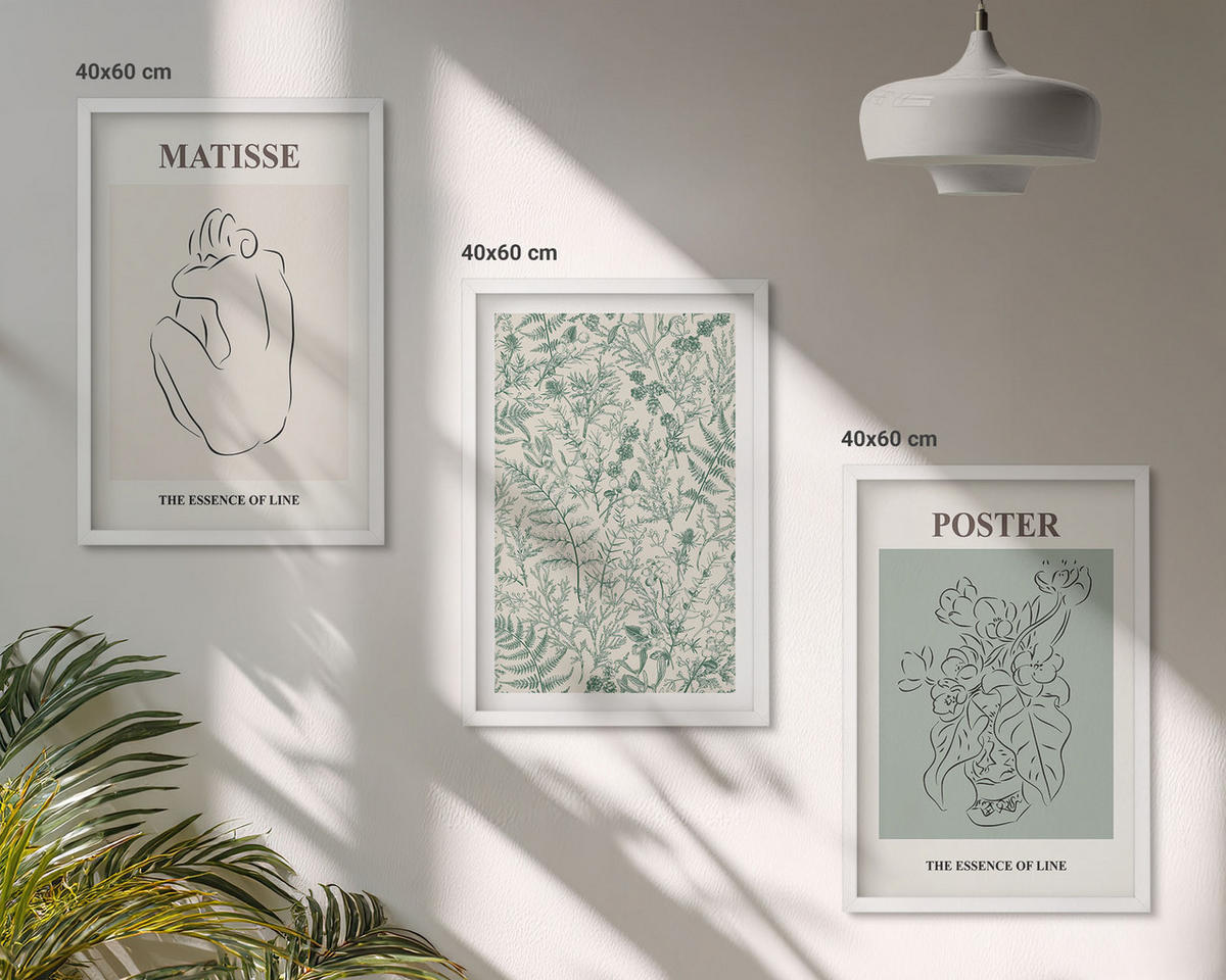 WANDBILDER 3er-Set - 40x60 cm Weißer Rahmen - Linien, Pflanzenmuster, Minimalismus - Weiß, Kunststoff (40/60cm) - ArtPrintCave