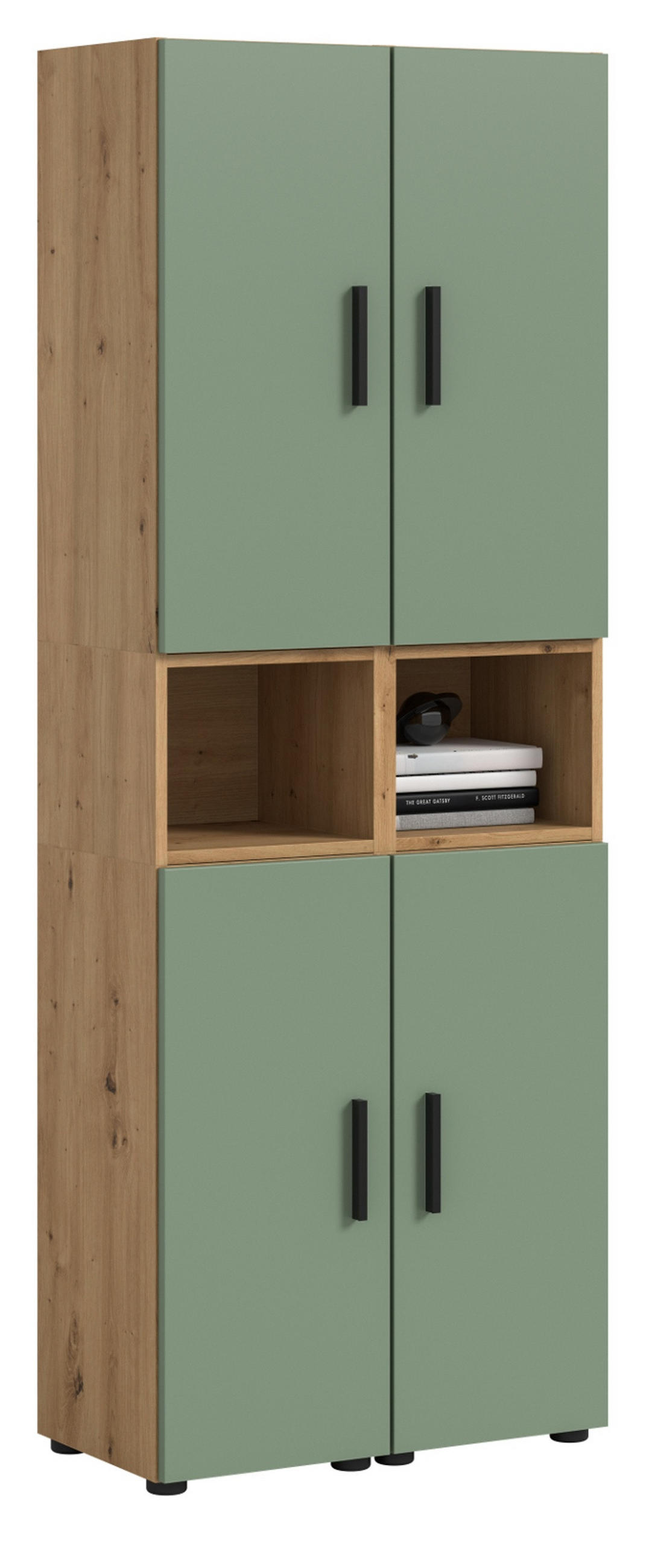 STAURAUMSCHRANK grün, Eiche Artisan 65 x 178 cm, Mehrzweckschrank mit viel Stauraum - Schwarz/Eiche Artisan, Holzwerkstoff/Kunststoff (65/178/34cm) - Inn.Furn