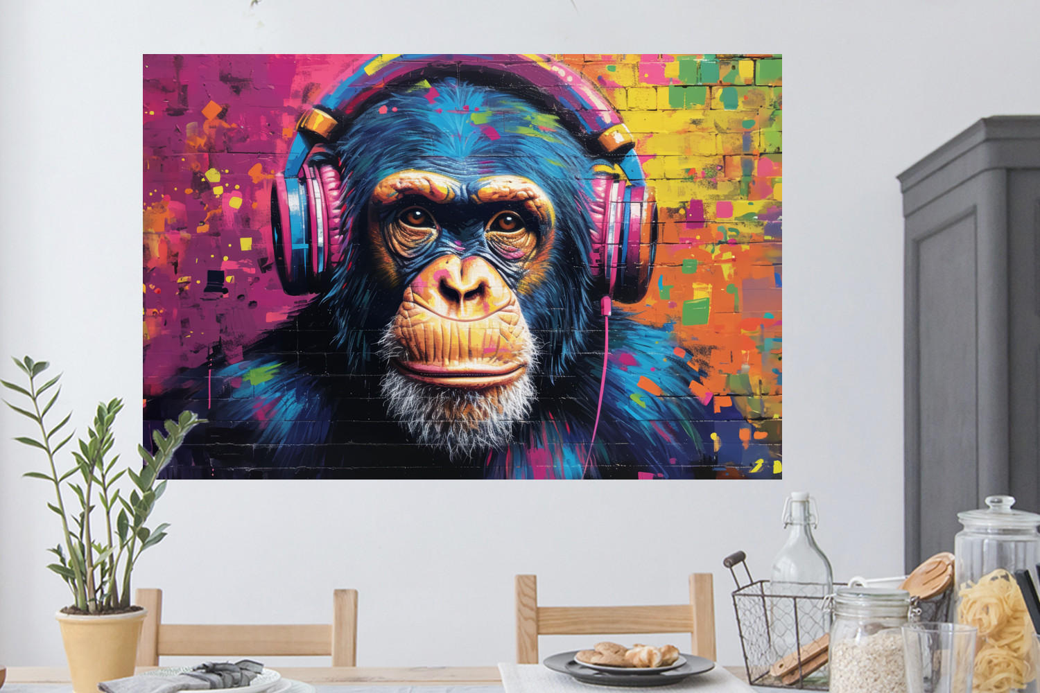 WANDTATTOO Graffiti - Schimpanse - Straßenkunst - Kopfhörer - Affe 120x80 cm - Blau, Kunststoff (120/80/0.1cm) - MuchoWow