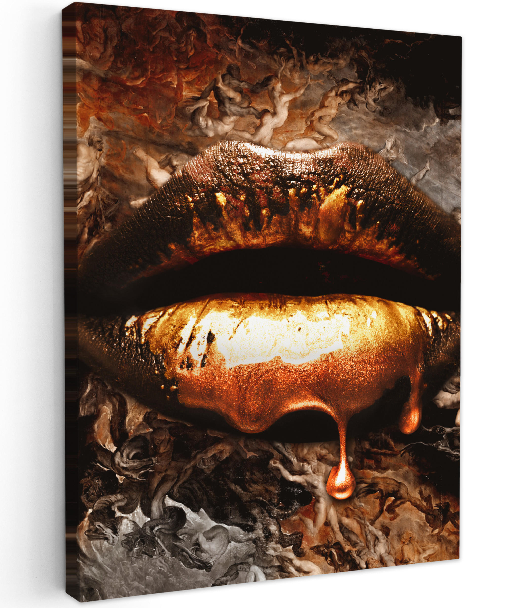 LEINWANDBILD Gold - Lippen - Kunst - Gold - Luxus - Abstrakt 60x80 cm - Kupferfarben, Textil (60/80cm) - MuchoWow