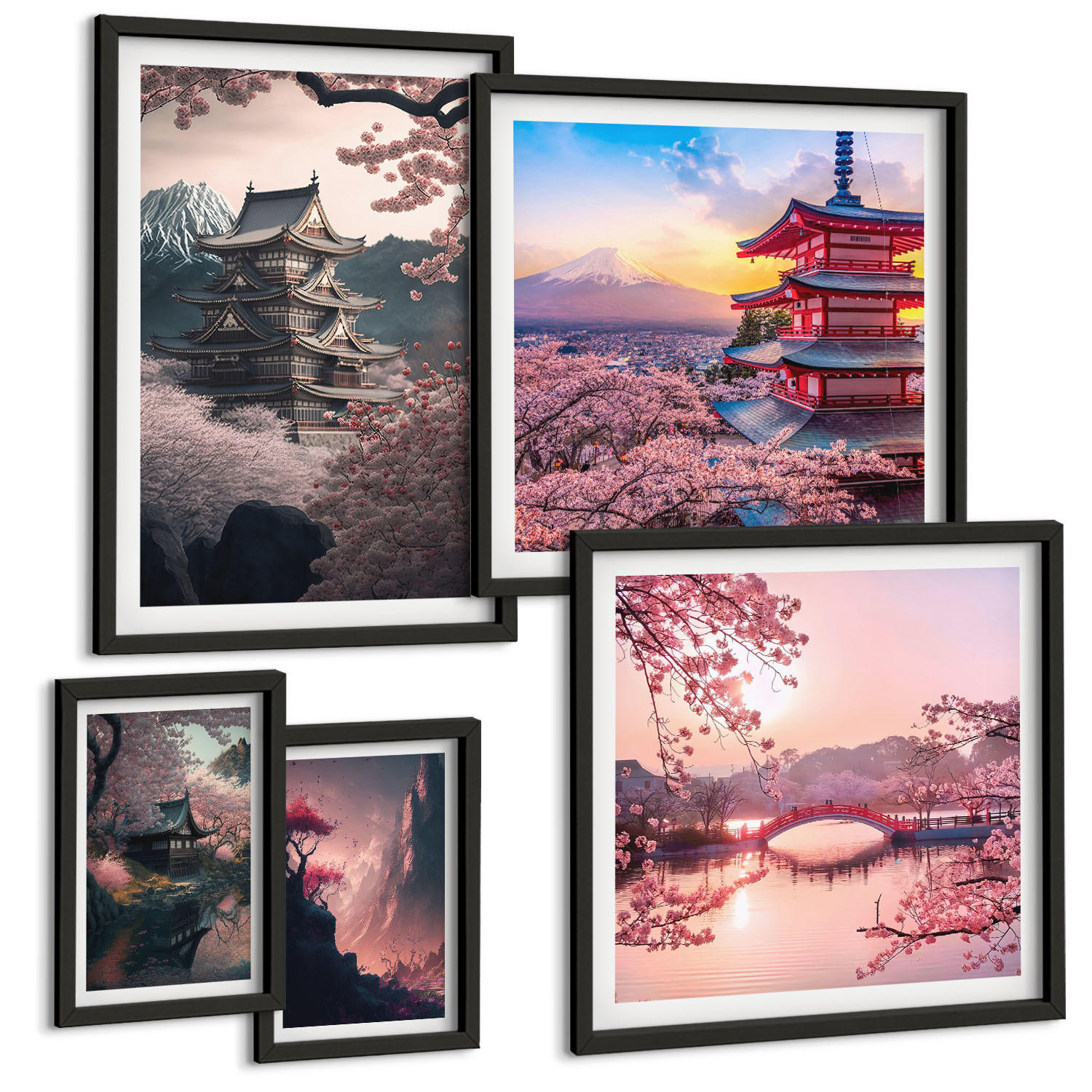 BILDER SET 5er Set - 50x50 cm & 20x30 cm & 40x60 cm Schwarzer Rahmen - Fantasielandschaften Japans - Schwarz, Kunststoff (40/60cm) - TULUP