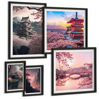 BILDER SET 5er Set - 50x50 cm & 20x30 cm & 40x60 cm Schwarzer Rahmen - Fantasielandschaften Japans - Schwarz, Kunststoff (40/60cm) - TULUP