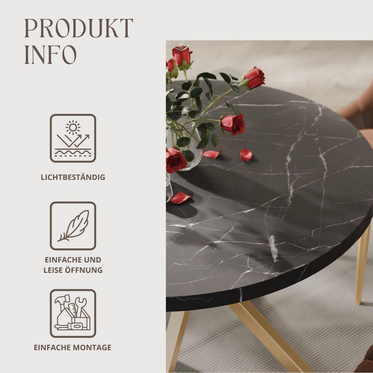 AUSZIEHTISCH MILTON 100-176/76 cm mit Metallgestell, Gold / Grigia Pietra - Goldfarben/Grau, Holzwerkstoff/Metall (100/100/76cm) - Idohome