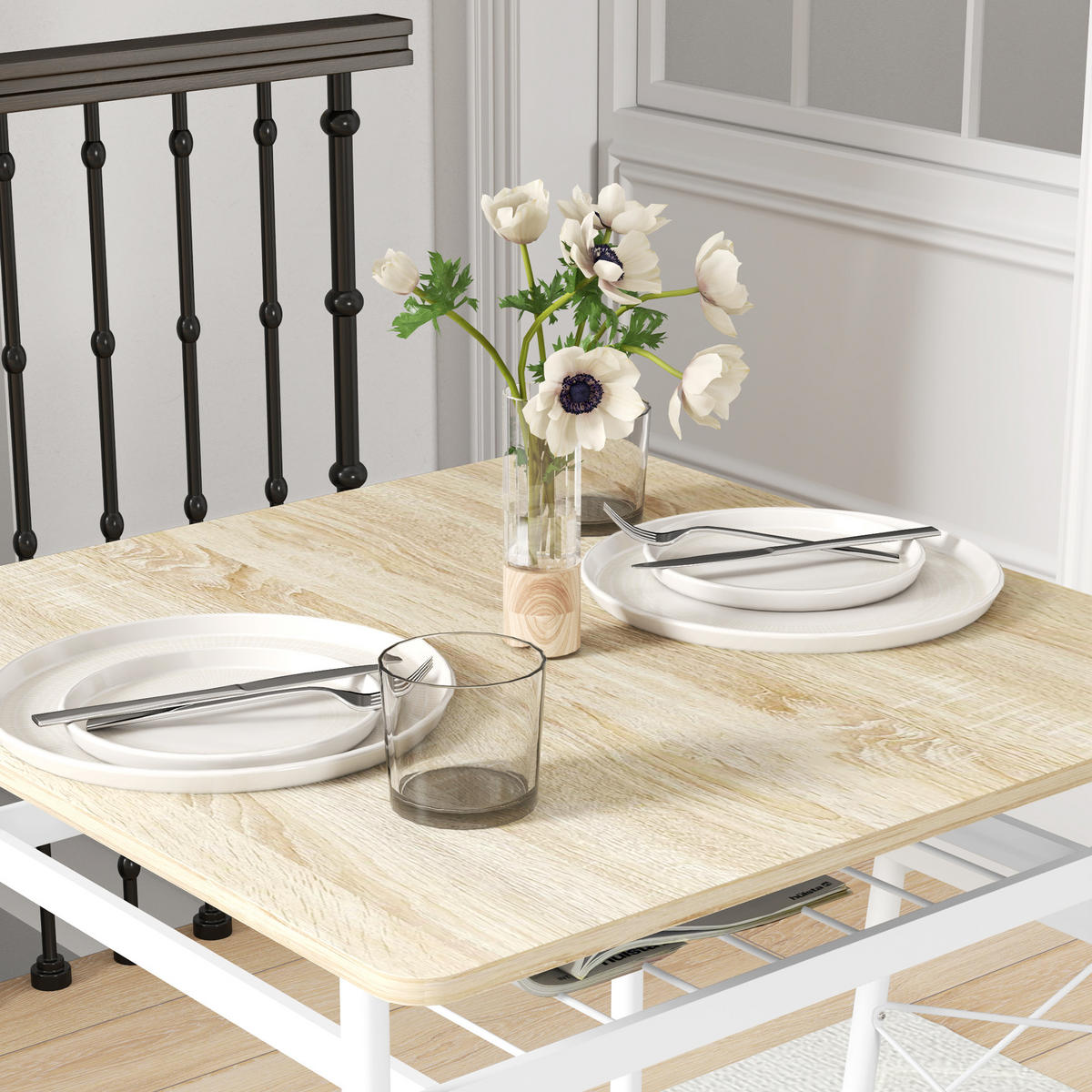 ESSTISCH-SET DE-18580 2 Stühle unterstellbar mit Ablage Weiß/Eiche - Eichefarben, Metall (70/75/70cm) - ComfortXL