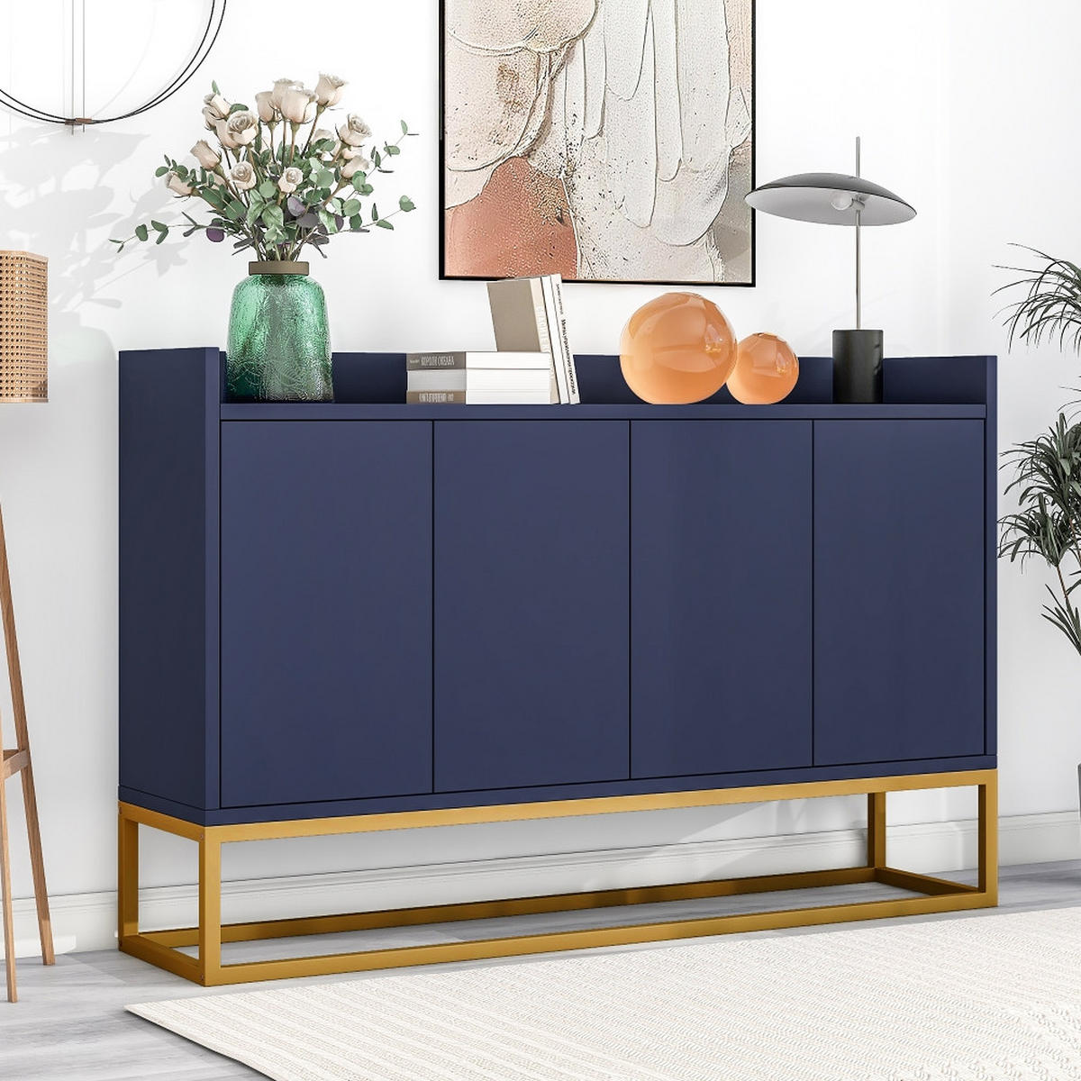SIDEBOARD MARINEBLAU, 4-TÜRIGER BUFFETSCHRANK, GRIFFLOSES DESIGN, MDF/SPANPLATTE, FÜR ESSZIMMER UND WOHNZIMMER, 120/30/80 cm - Blau, Holzwerkstoff (30/80/120cm) - Rolipo
