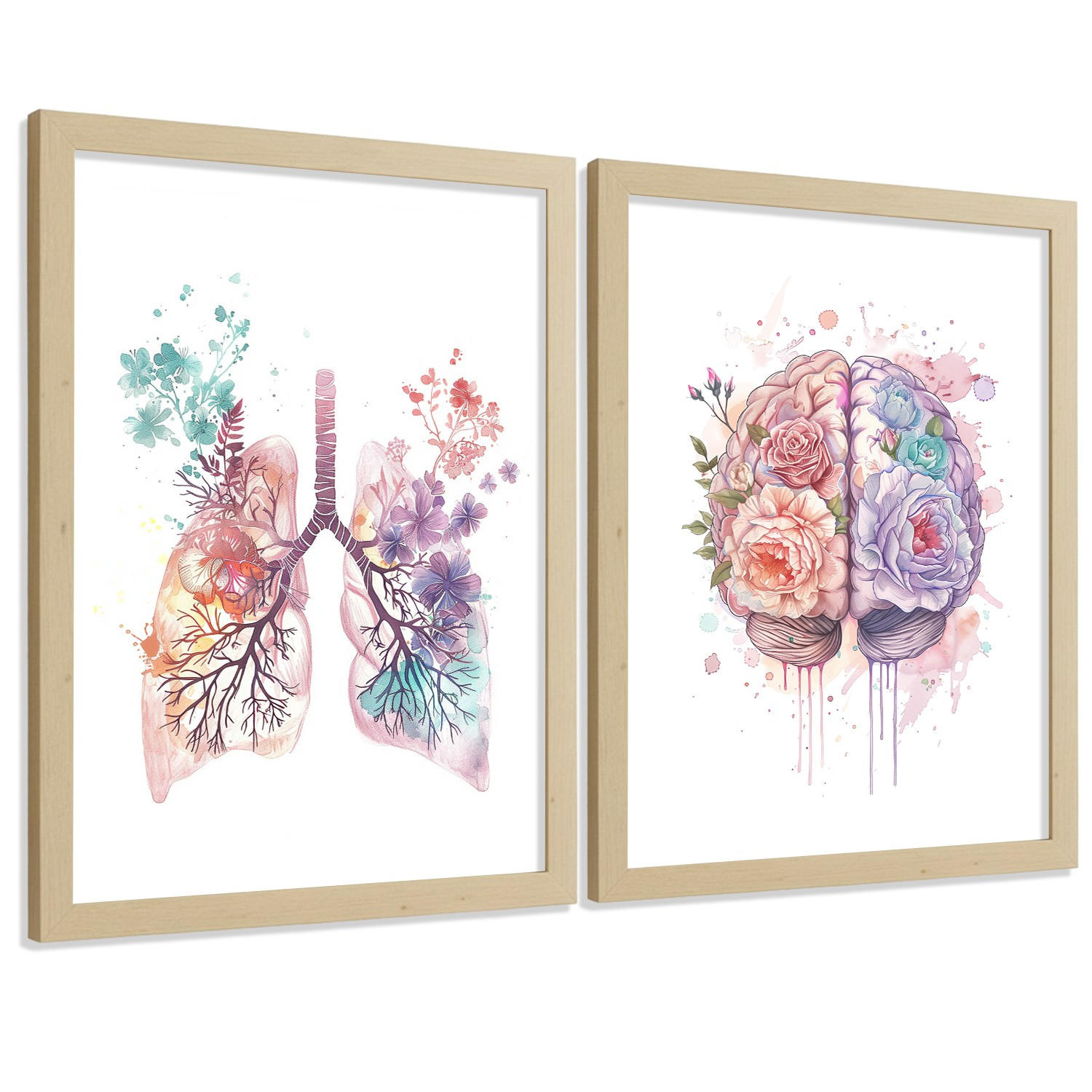 POSTER Set aus 2 Anatomie Mensch Drucke und Wandbilder mit Lungen Luftröhre Bronchien und Gehirn Pastellfarbenes Florales Aquarell Größe Rahmenlos A4 - Klar, Papier (21/29.7/3cm) - Nacnic