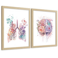 POSTER Set aus 2 Anatomie Mensch Drucke und Wandbilder mit Lungen Luftröhre Bronchien und Gehirn Pastellfarbenes Florales Aquarell Größe Rahmenlos A4 - Klar, Papier (21/29.7/3cm) - Nacnic