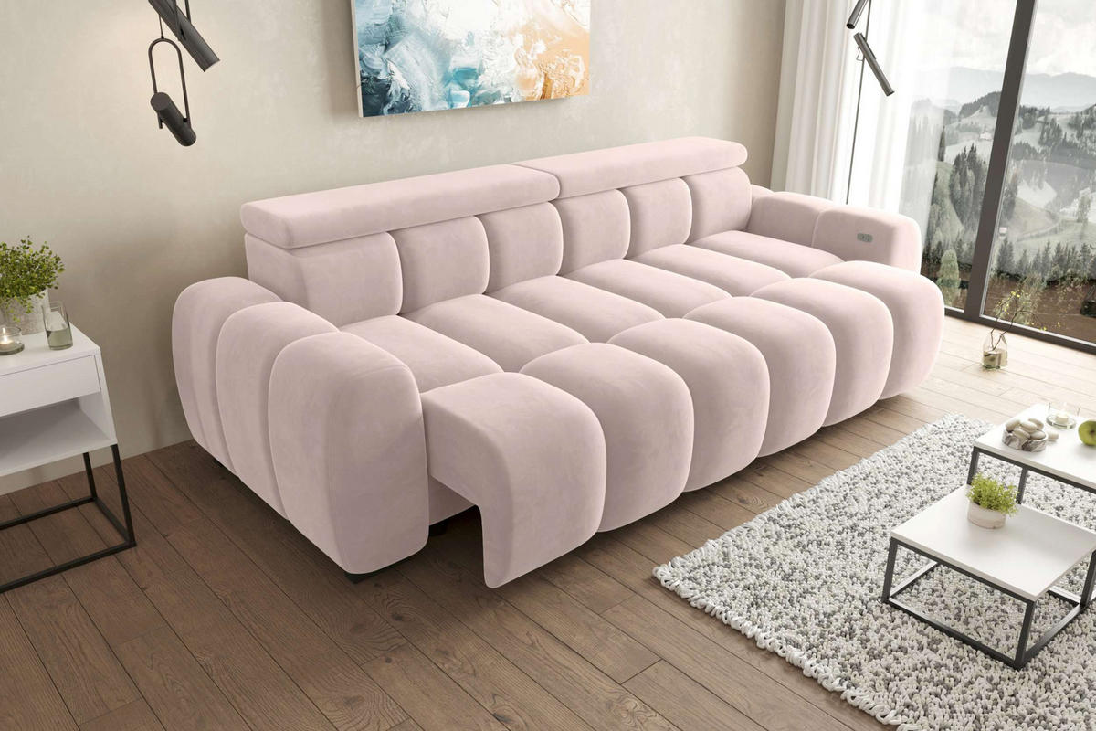 BIGSOFA ALESSIO Velours Beige mit elektrischer Sitztiefenverstellung - Beige, Kunststoff/Textil (248/77/108cm) - 99rooms