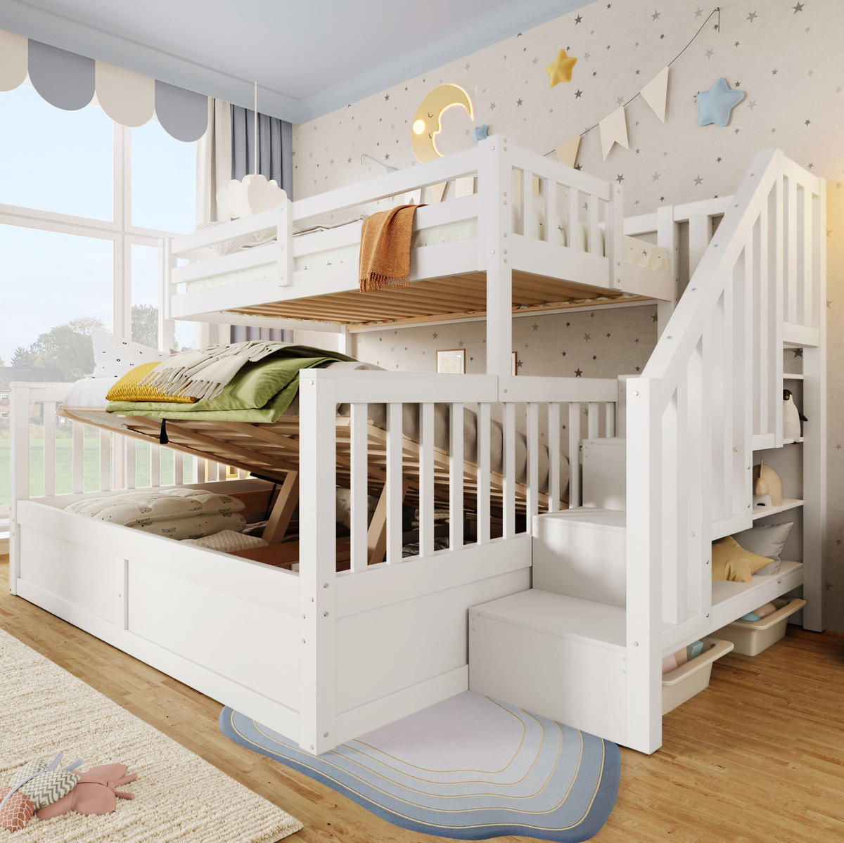 ETAGENBETT 90/200 cm + 140/200 cm in Weiß mit Stauraum und Ablagetreppe - Weiß, Holz (90/200cm) - OKMYHOME
