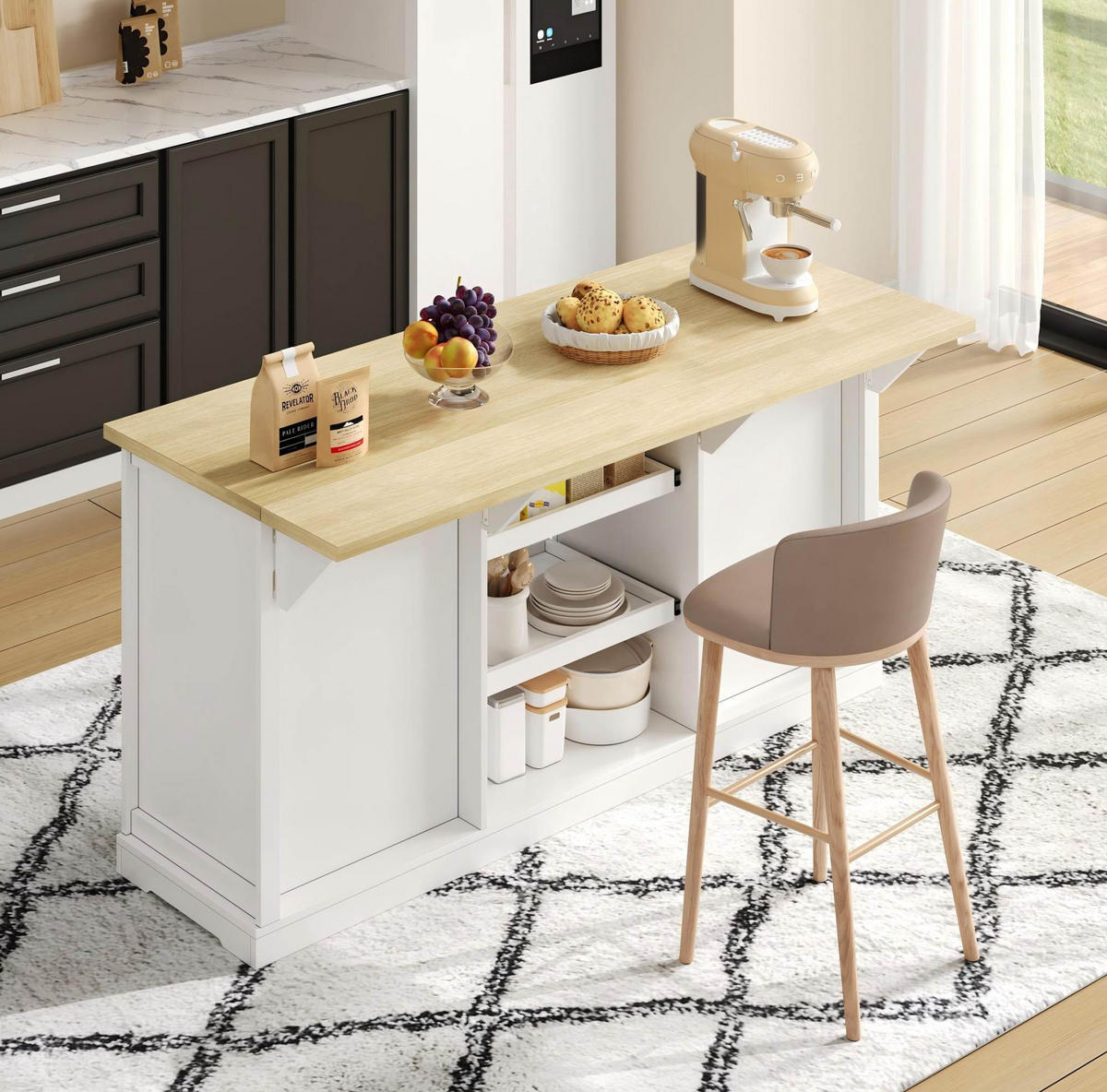 BUFFET aus MDF 150x65x75,5 cm Weiß/Natur mit Klappplatte, Steckdosen, 2 USB-Anschlüssen und 5 Schubladen - Naturfarben, Holzwerkstoff (150/75.5/65cm) - Modfu